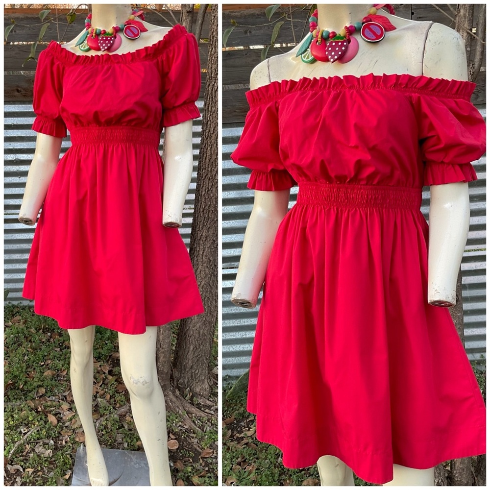 Cute Girly Red Off Shoulder Prairie Southern Rose Dress